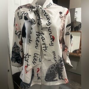 M/2 Cat Print Satin-Feel Pet-Themed Blouse in White size L